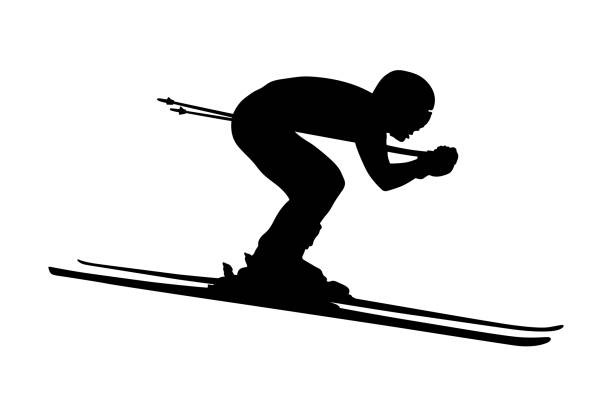 abfahrt männlicher athlet ski alpin ski schwarz silhouette - abfahrtslauf stock-grafiken, -clipart, -cartoons und -symbole