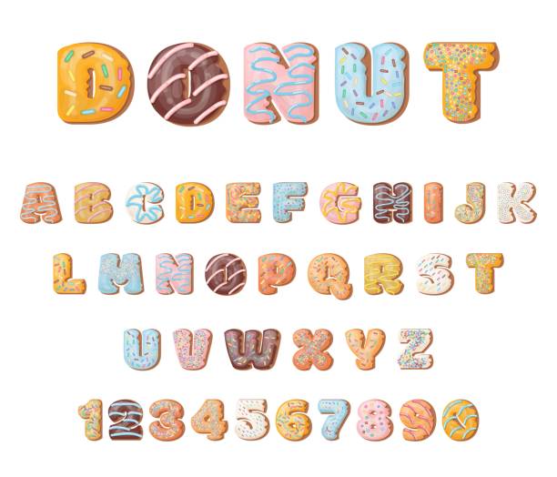 istock Donut font. Sweet food letters, glazed donuts alphabet. Cake or biscuits with sugar sprinkle, creative typography for kids or party decent vector set 1347459511