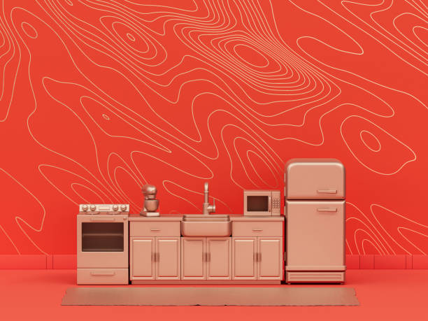 istock kitchen with refrigerator in orange background interior room with wave pattern, monochrome single color metallic gold, 3d rendering 1347459531