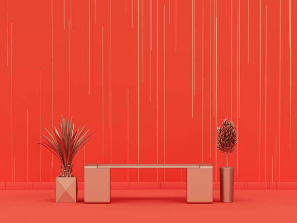 istock Park bench and plants in plain monochrome orange room with striped pattern wall. 3d rendering, empty room with copy space 1347460826