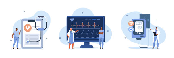 heart disease Heart disease screening and diagnostic concept. Doctor checks blood pressure and examine cardiogram and pulse on EKG monitor. Flat cartoon vector illustration and icons set. electrocardiogram diagnostics stock illustrations