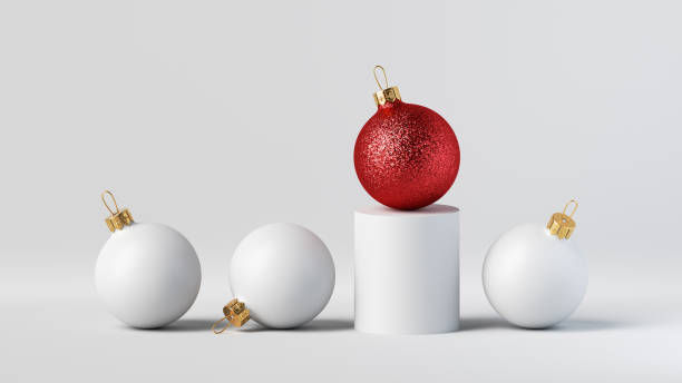 istock 3d render, abstract originality concept. Christmas infographics. White chart with red glass ball. Financial statistics, business metaphor, unique object idea. Modern minimal background 1347460942