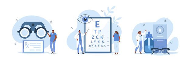 ophthalmology Doctor ophthalmologist showing eye test chart to patient, examining his vision and choosing eyeglasses with correction lens. Ophthalmology concept. Flat cartoon vector illustration and icons set. optometrist stock illustrations