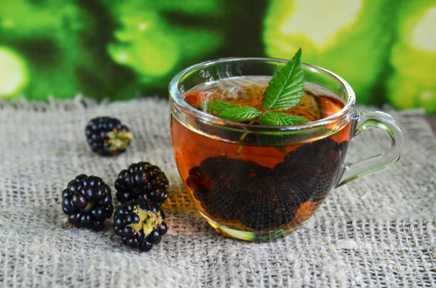 Blackberry tea with fresh picked blackberries in a glass cup on a burlap cloth background. stock photo