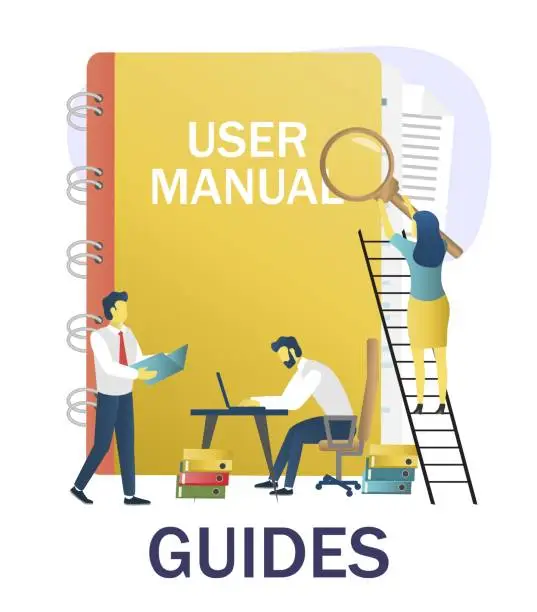Vector illustration of People reading guidebook, writing guidance, advices, instruction manual, vector illustration. User guide, user manual.