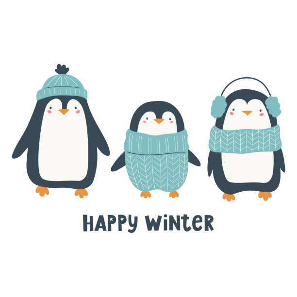 Cute Christmas penguins and hand lettering- Happy winter. Christmas characters. Vector hand-drawn color children's illustration. Cute Christmas penguins and hand lettering- Happy winter. Christmas characters. Vector hand-drawn color children's illustration. penguin stock illustrations