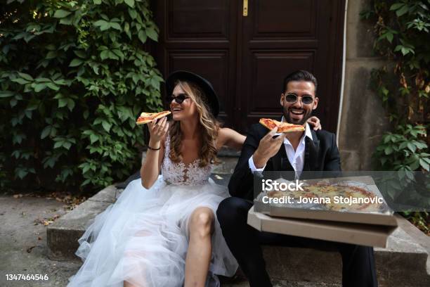 Bride And Groom On A Wedding Day Stock Photo - Download Image Now - Wedding, Engagement, Pizza