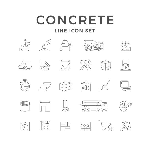 Set line icons of concrete Set line icons of concrete isolated on white. Heavy industry, formwork, septic, stairs, mixer truck, wall, cement pump, plastering. Vector illustration concrete in formwork stock illustrations
