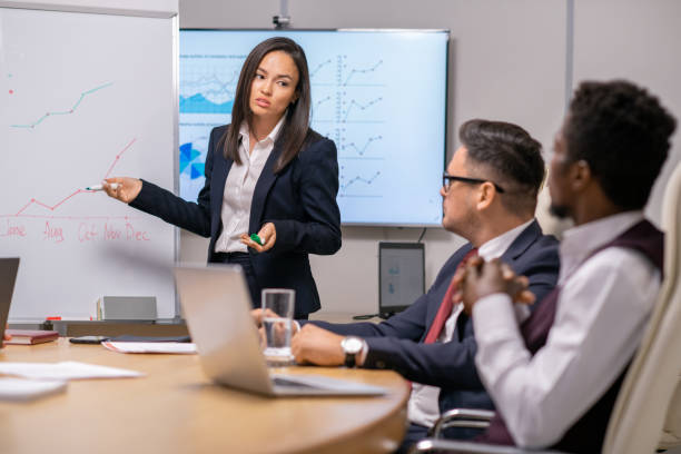 istock Young elegant female economist explaining financial fluctuations graph 1347466086