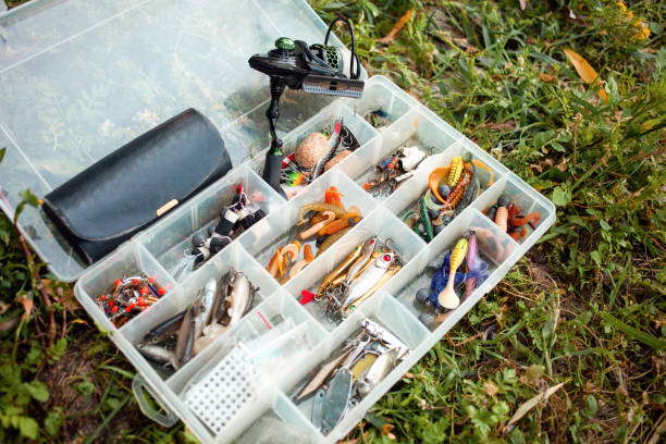 istock Fishing gear in organizer, box. Various baits for predatory fish. Artificial fish for hook. Weights. Fishing hobbies, outdoor. Multicolored 1347466286