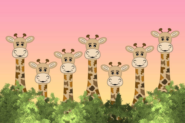 stockillustraties, clipart, cartoons en iconen met cartoon giraffes looking over a green hedge - davies