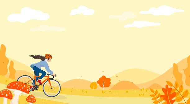 ilustraciones, imágenes clip art, dibujos animados e iconos de stock de ciclismo de otoño ilustración vectorial de fondo. mujer montando en bicicleta en temporada de otoño con espacio de copia - riding autumn meadow land