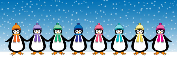 stockillustraties, clipart, cartoons en iconen met a row of cute cartoon penguins wearing hats and scarfs - davies
