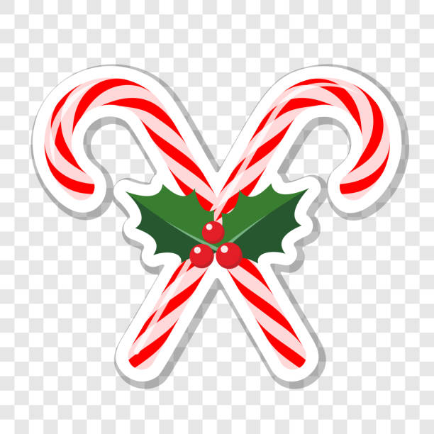 ilustrações de stock, clip art, desenhos animados e ícones de christmas sticker of crisscrossed candy canes with holly berries and leaves - hard candy candy fruit nobody