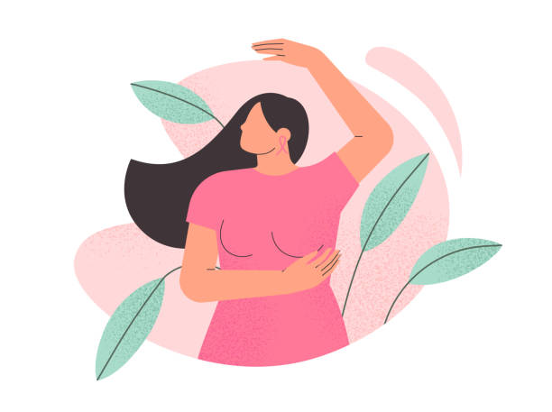stockillustraties, clipart, cartoons en iconen met breast cancer awareness month. young beautiful woman performing a breast self examination. female health. poster or banner for oncology prevention campaign - alleen één vrouw