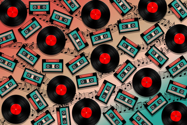 stockillustraties, clipart, cartoons en iconen met vintage audio cassettes and vinyl records - davies