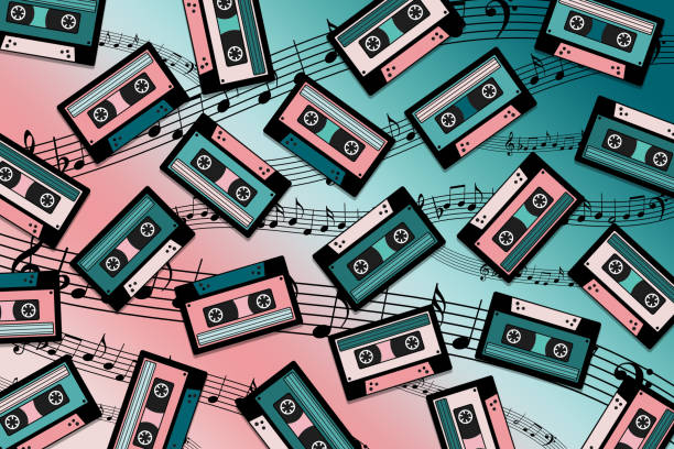 stockillustraties, clipart, cartoons en iconen met vintage audio cassettes with a musical notes background - davies