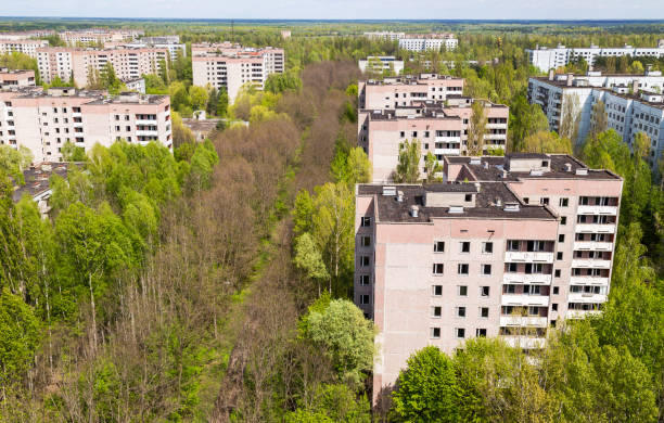 Pripyat city in Chernobyl Aerial view on residential area of abandoned Pripyat city in Chernobyl Exclusion Zone, Ukraine pripyat city stock pictures, royalty-free photos & images
