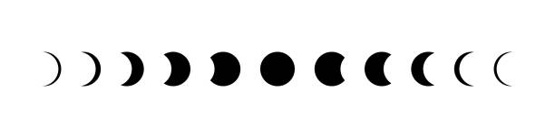 moon phase. icon of lunar cycle. stage of moon. phase of eclipse of sun. shape of full, half, crescent, quarter of star. astronomy calendar. black logo on white background. symbol of planet. vector. - ay stock illustrations