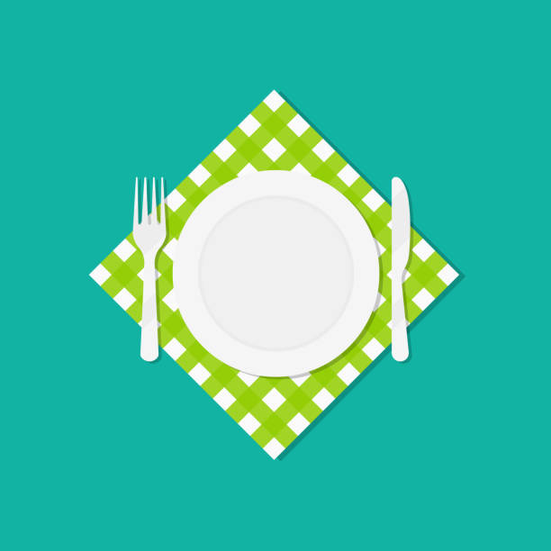 Plate, fork and knife on tablecloth. Cutlery on green checkered tablecloth. Icon for food and dining. Illustration of breakfast, dinner, lunch in restaurant. Tableware elegant in flat style. Vector Plate, fork and knife on tablecloth. Cutlery on green checkered tablecloth. Icon for food and dining. Illustration of breakfast, dinner, lunch in restaurant. Tableware elegant in flat style. Vector. tablecloth illustrations stock illustrations