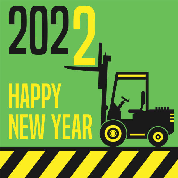 ilustrações de stock, clip art, desenhos animados e ícones de happy new year 2002 greeting card - fork lift truck at work - year 2002
