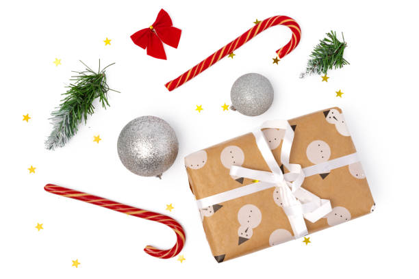 istock Top view Christmas decorations composition on white background with copy space 1347470716