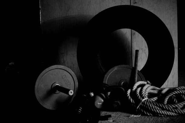 sports equipment for the practice of gym, on the gym floor sports equipment for the practice of cross training, on the gym floor crossfit chalk weightlifting weight training stock pictures, royalty-free photos & images