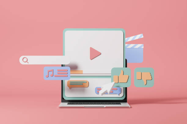 istock Laptop screen with search bar, web page, likes, comments and chat. Online cinema platform concept, social networks, internet search network. 3d rendering 1347473705