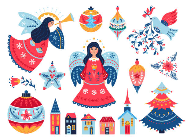 ilustraciones, imágenes clip art, dibujos animados e iconos de stock de ángel de navidad decoración bolas de árbol juego de muérdago - christianity orthodox church backgrounds blue