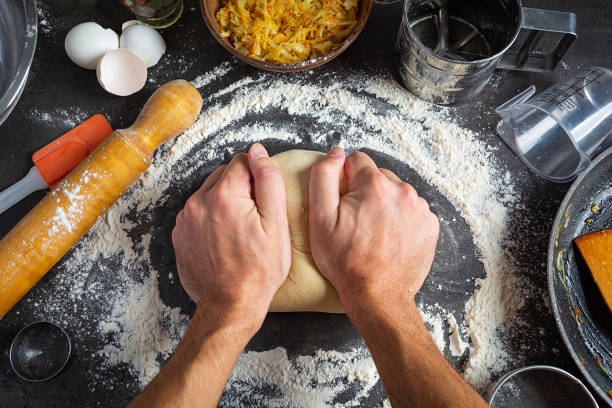 homemade making dough of pizza, pierogi. preparation dough for cooking - dough sphere kneading bread imagens e fotografias de stock