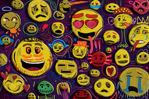 A whole bunch of crazy doodles and emoticons with different expressions