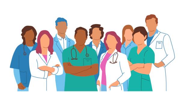 ilustraciones, imágenes clip art, dibujos animados e iconos de stock de grupo de médicos y enfermeras de pie juntos en diferentes posturas. - nurse