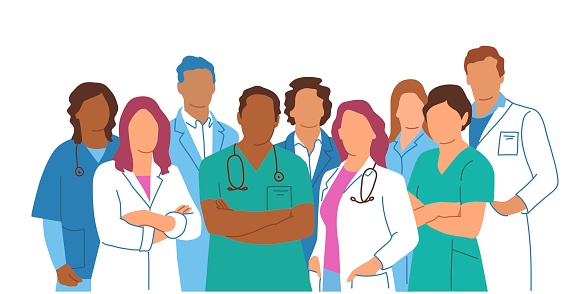 Group of doctors and nurses standing together in different poses.