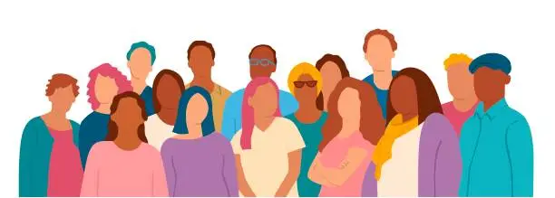 Vector illustration of Multiethnic group of people. Society, multicultural community portrait and citizens.