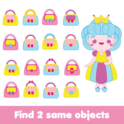 Children educational game. Find two same bags for princess. Activity fun page for toddlers and babies