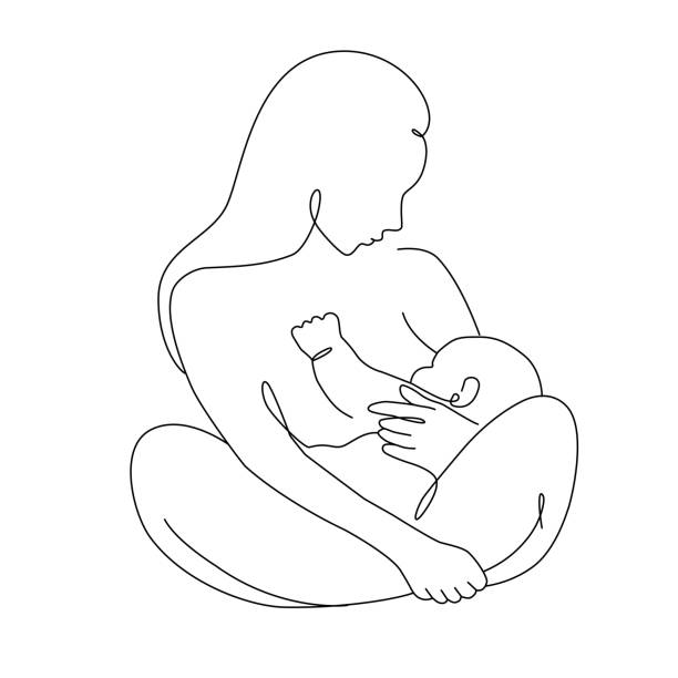 한 줄 예술에서 손에 들고 그녀의 신생아를 모유로 기르는 여자의 벡터 그림. 어머니와 아기 함께 라인 아트 스타일 - breastfeeding mother newborn baby stock illustrations