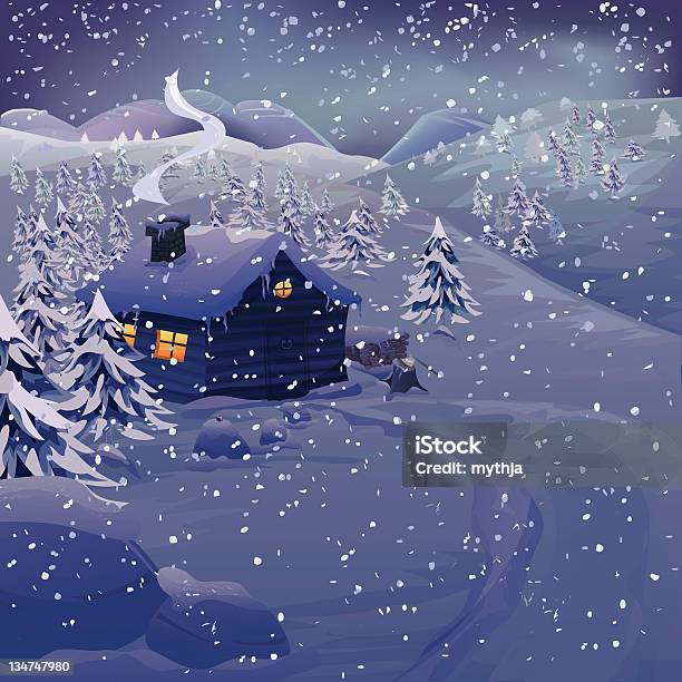 Ilustración de Invierno Paisaje Nocturno y más Vectores Libres de Derechos de Cabaña de madera - Cabaña de madera, Noche, Invierno