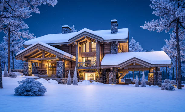 istock 3d rendering of modern cozy chalet in winter night 1347481717