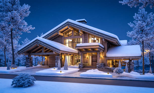 istock 3d rendering of modern cozy chalet in winter night 1347481770