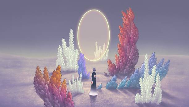 istock Surreal art of creative way inspiration motivation imagination and dream concept idea, A woman with door of light in fantasy garden. 3d illustration. mystery in nature landscape. 1347481883