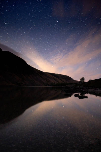 Night Sky Reflection in Lake stock photo