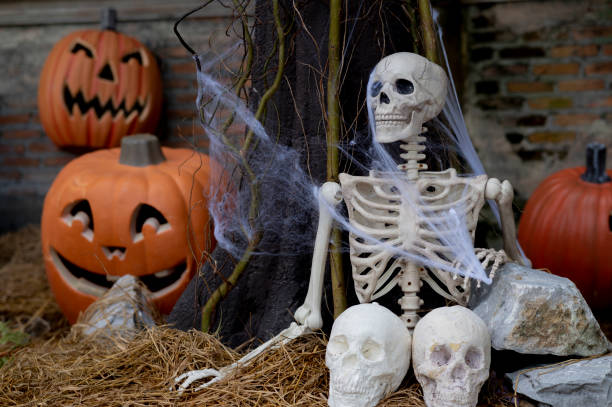 idée d’os humain avec citrouille d’halloween - squellete blancdecoration halloween photos et images de collection