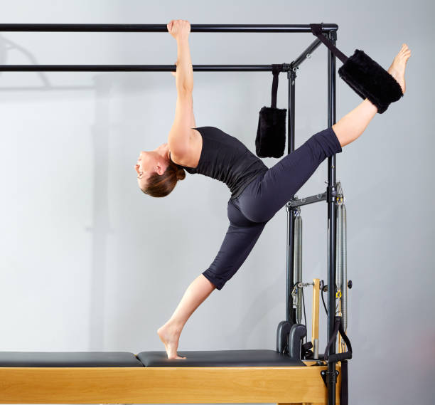 istock Pilates woman in cadillac split legs stretch exercise 1347483701