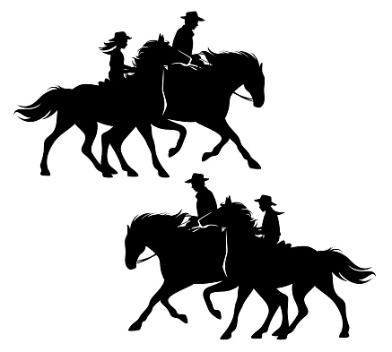 boy and girl wearing cowboy hats riding running horses with their father - ranch kids black and white vector silhouette design set