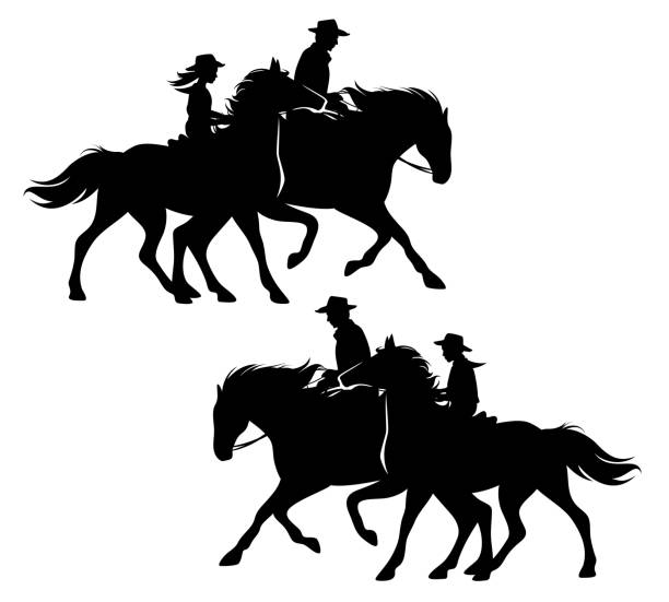 boy and girl wearing cowboy hat riding running horses with their father black vector silhouette boy and girl wearing cowboy hats riding running horses with their father - ranch kids black and white vector silhouette design set farmer son stock illustrations