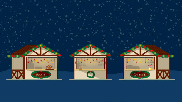 weihnachtsmarkt. illustration von geschäften. - weihnachtsmarkt stock-grafiken, -clipart, -cartoons und -symbole