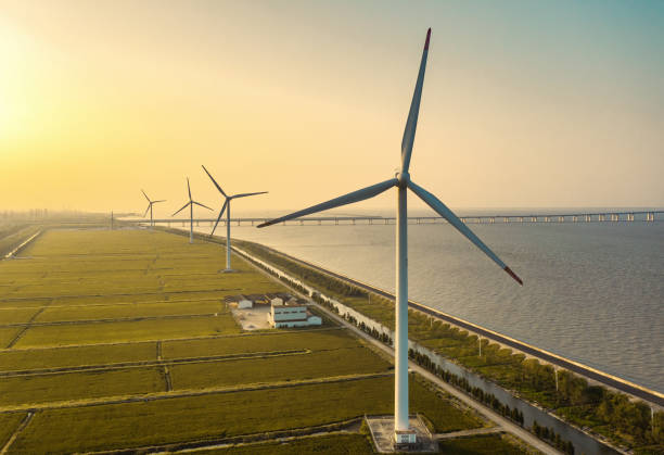 istock Aerial view of seaside wind farm at sunset 1347486192