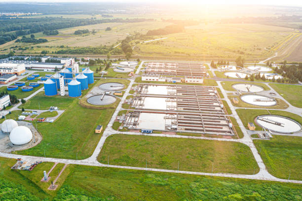 istock Cleaning construction for a sewage treatment, view from above 1347487126