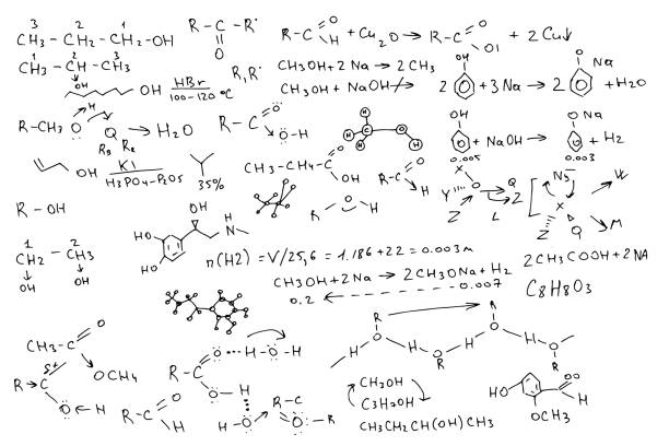 chemische formeln. handgeschrieben auf weißem hintergrund. - organic chemistry stock-grafiken, -clipart, -cartoons und -symbole