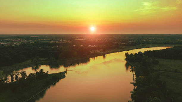 istock Sunset over the river, autumn landscape. view from above 1347489187